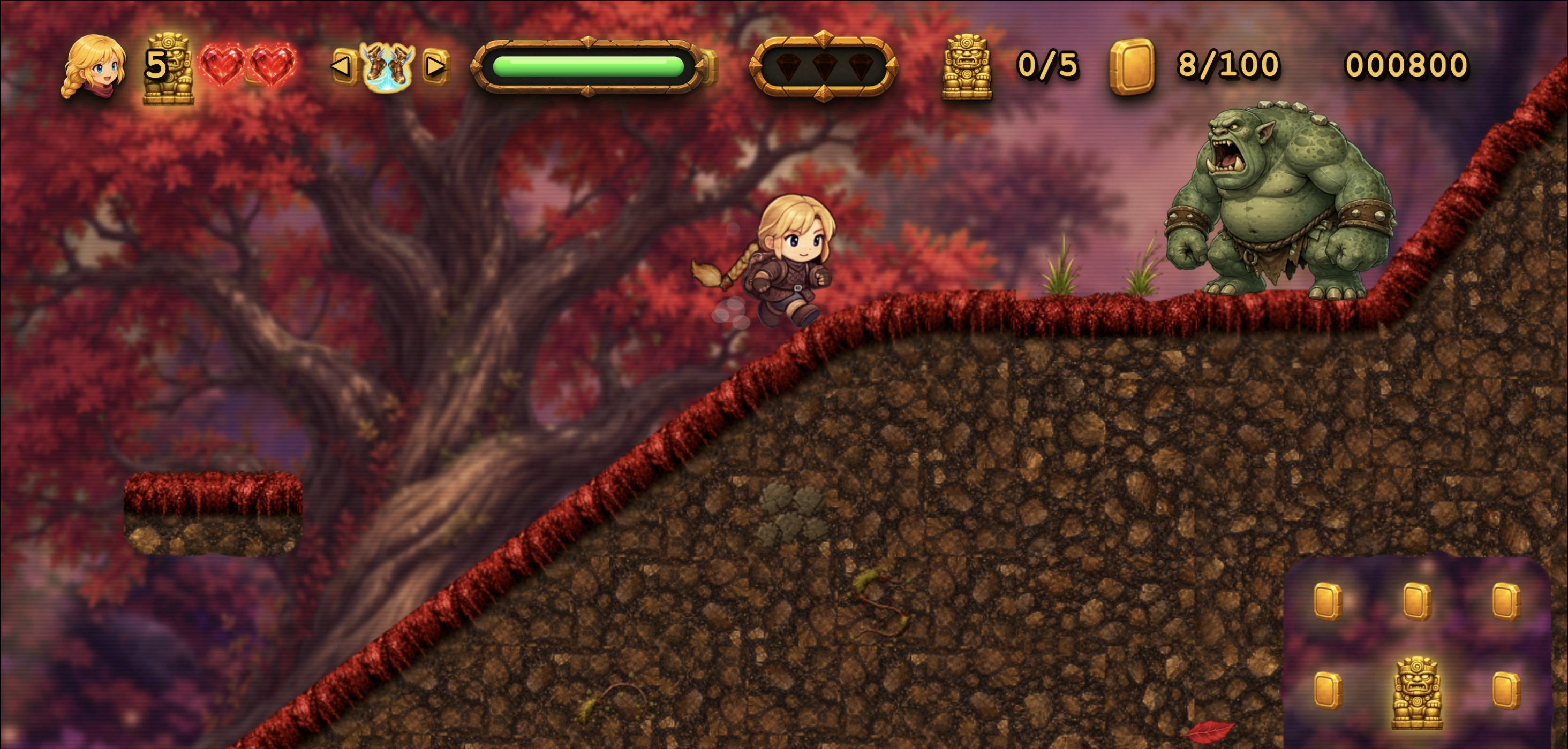 Artia racing toward a troll in the red forest